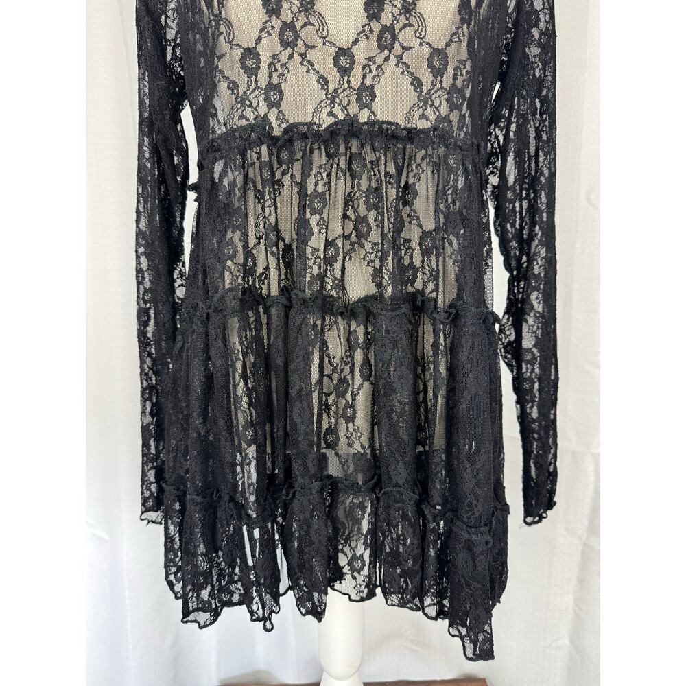 Black Lace Sheer Babydoll Top Romantic Boho Layering Medium - Picture 3 of 6